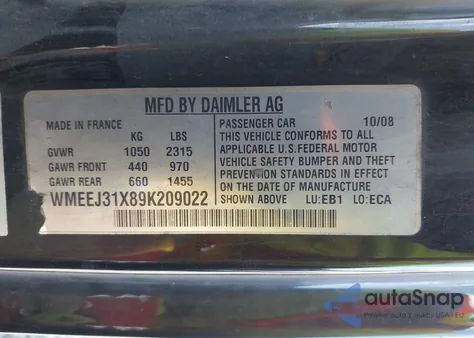 2009 Smart Fortwo Brabus/Passion/Pure z USA, uszkodzony, nr VIN WMEEJ31X89K209022